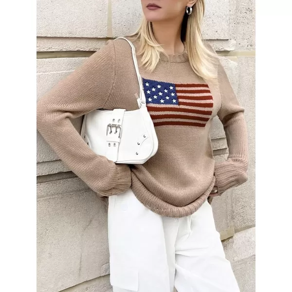 SweatyRocks Women's Flag Pattern Long Sleeve Round Neck Sweater Casual Loose Pullover Sweater