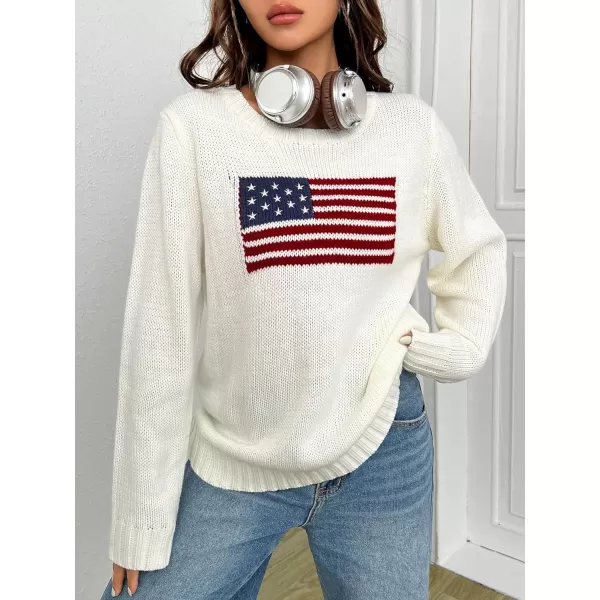 SweatyRocks Women's Flag Pattern Long Sleeve Round Neck Sweater Casual Loose Pullover Sweater