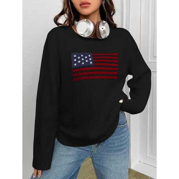 SweatyRocks Women's Flag Pattern Long Sleeve Round Neck Sweater Casual Loose Pullover Sweater