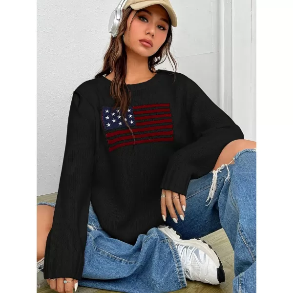 SweatyRocks Women's Flag Pattern Long Sleeve Round Neck Sweater Casual Loose Pullover Sweater