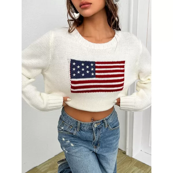 SweatyRocks Women's Flag Pattern Long Sleeve Round Neck Sweater Casual Loose Pullover Sweater
