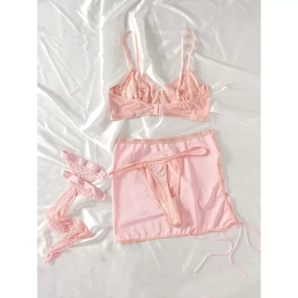 SweatyRocks Women's Floral Lace Lingerie Set Spaghetti Strap Underwire Bra and Lace Up Skirts with Stocking