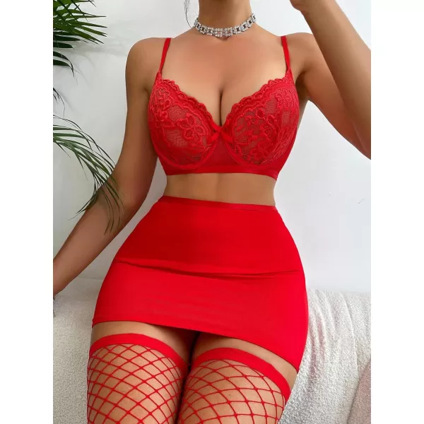 SweatyRocks Women's Floral Lace Lingerie Set Spaghetti Strap Underwire Bra and Lace Up Skirts with Stocking