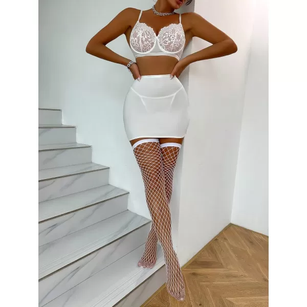 SweatyRocks Women's Floral Lace Lingerie Set Spaghetti Strap Underwire Bra and Lace Up Skirts with Stocking