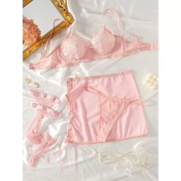 SweatyRocks Women's Floral Lace Lingerie Set Spaghetti Strap Underwire Bra and Lace Up Skirts with Stocking