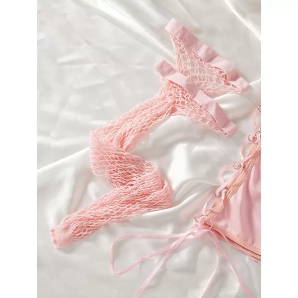 SweatyRocks Women's Floral Lace Lingerie Set Spaghetti Strap Underwire Bra and Lace Up Skirts with Stocking