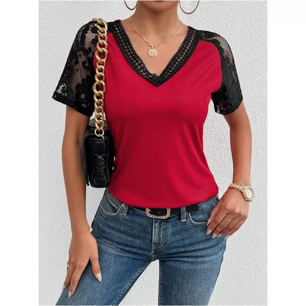 SweatyRocks Women's Floral Lace Short Sleeve Raglan Top Casual V Neck Pullover Plain Tee Shirt