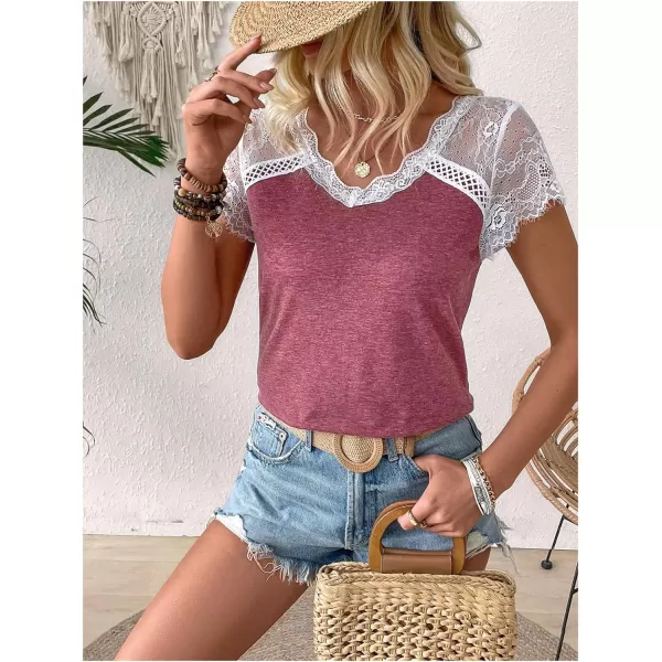 SweatyRocks Women's Floral Lace Short Sleeve Raglan Top Casual V Neck Pullover Plain Tee Shirt