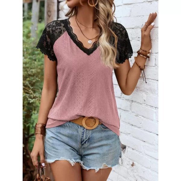 SweatyRocks Women's Floral Lace Short Sleeve Raglan Top Casual V Neck Pullover Plain Tee Shirt