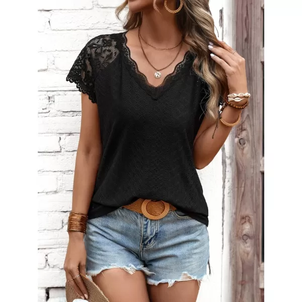 SweatyRocks Women's Floral Lace Short Sleeve Raglan Top Casual V Neck Pullover Plain Tee Shirt