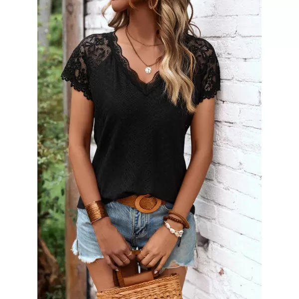 SweatyRocks Women's Floral Lace Short Sleeve Raglan Top Casual V Neck Pullover Plain Tee Shirt