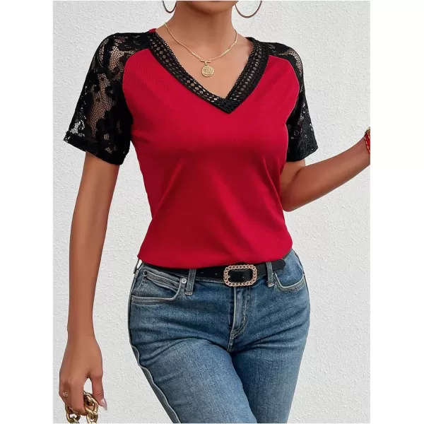 SweatyRocks Women's Floral Lace Short Sleeve Raglan Top Casual V Neck Pullover Plain Tee Shirt