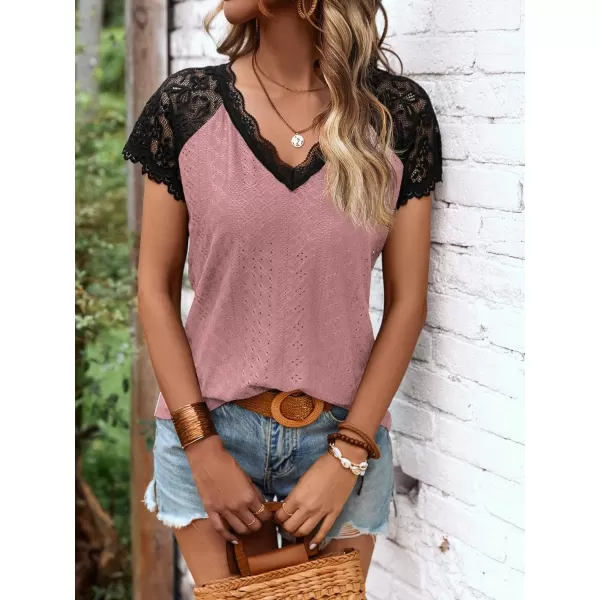 SweatyRocks Women's Floral Lace Short Sleeve Raglan Top Casual V Neck Pullover Plain Tee Shirt