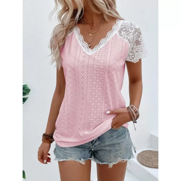 SweatyRocks Women's Floral Lace Short Sleeve Raglan Top Casual V Neck Pullover Plain Tee Shirt