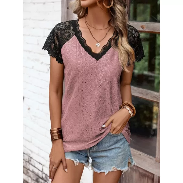 SweatyRocks Women's Floral Lace Short Sleeve Raglan Top Casual V Neck Pullover Plain Tee Shirt