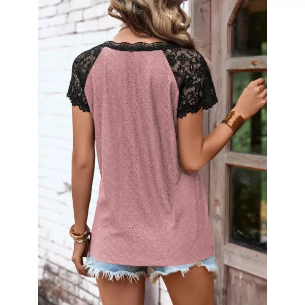 SweatyRocks Women's Floral Lace Short Sleeve Raglan Top Casual V Neck Pullover Plain Tee Shirt