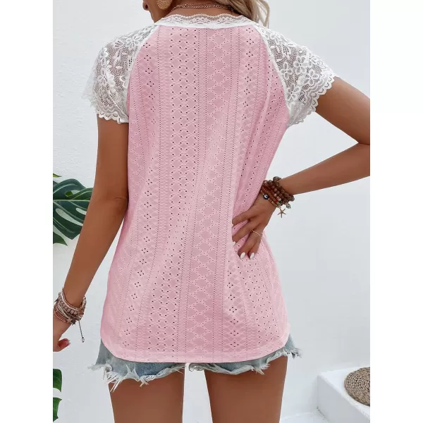 SweatyRocks Women's Floral Lace Short Sleeve Raglan Top Casual V Neck Pullover Plain Tee Shirt