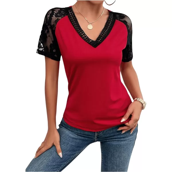 SweatyRocks Women's Floral Lace Short Sleeve Raglan Top Casual V Neck Pullover Plain Tee Shirt