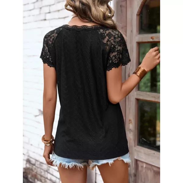 SweatyRocks Women's Floral Lace Short Sleeve Raglan Top Casual V Neck Pullover Plain Tee Shirt