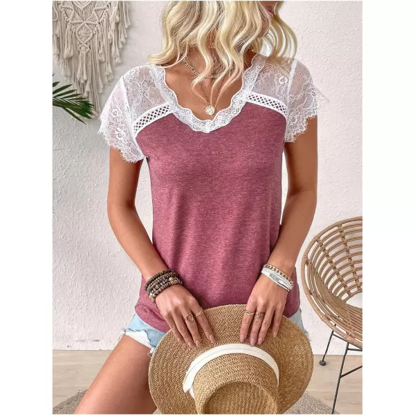 SweatyRocks Women's Floral Lace Short Sleeve Raglan Top Casual V Neck Pullover Plain Tee Shirt