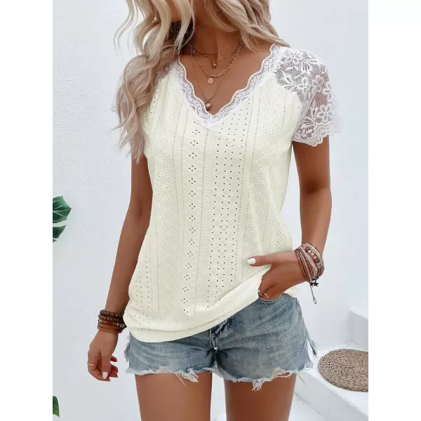 SweatyRocks Women's Floral Lace Short Sleeve Raglan Top Casual V Neck Pullover Plain Tee Shirt