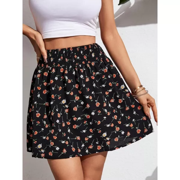 SweatyRocks Women's Floral Print Elastic Waist Mini Skirt A Line Flared Short Skirts