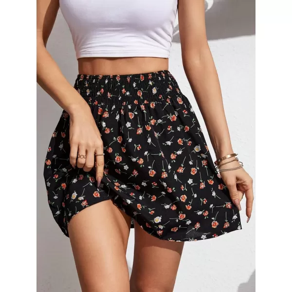 SweatyRocks Women's Floral Print Elastic Waist Mini Skirt A Line Flared Short Skirts