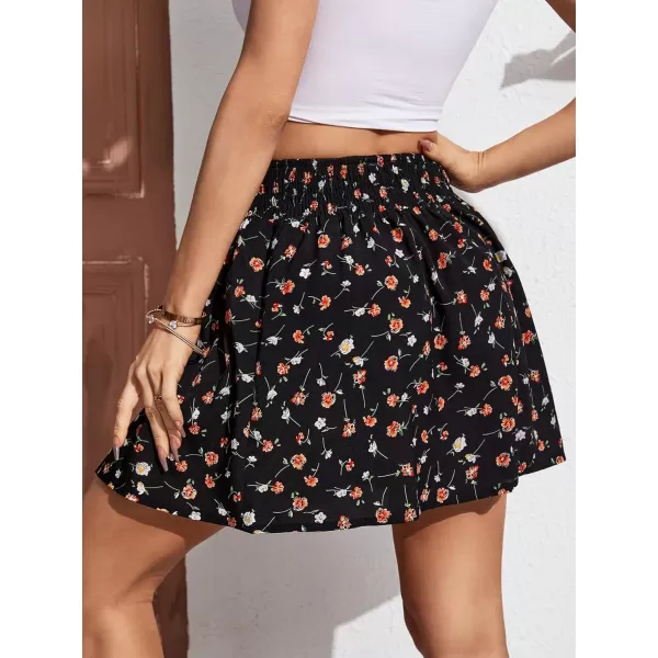 SweatyRocks Women's Floral Print Elastic Waist Mini Skirt A Line Flared Short Skirts