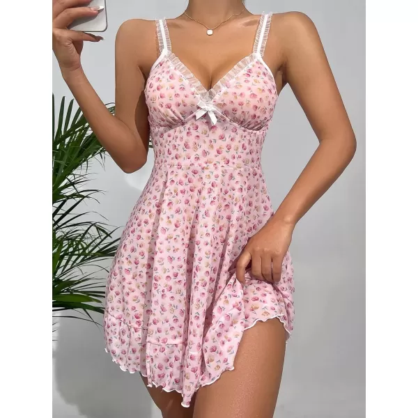 SweatyRocks Women's Floral Print Lace Trim Night Dress V Neck Bow Front Cami Nightgown
