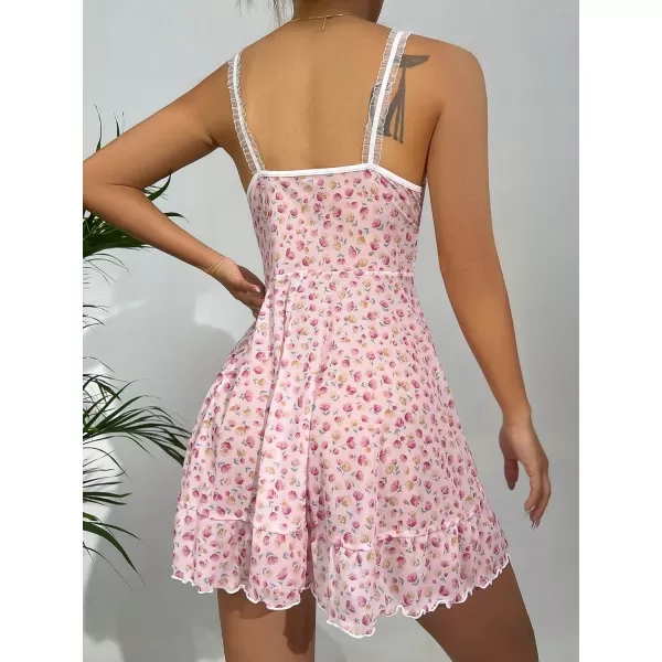 SweatyRocks Women's Floral Print Lace Trim Night Dress V Neck Bow Front Cami Nightgown
