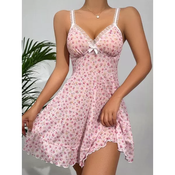 SweatyRocks Women's Floral Print Lace Trim Night Dress V Neck Bow Front Cami Nightgown