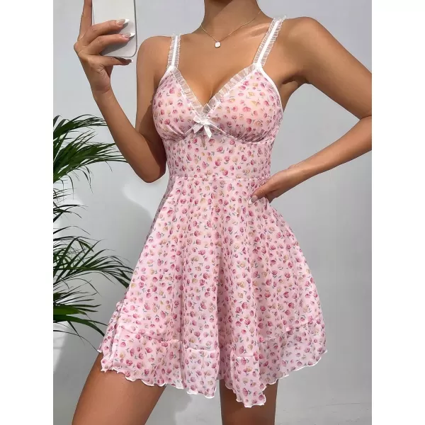 SweatyRocks Women's Floral Print Lace Trim Night Dress V Neck Bow Front Cami Nightgown