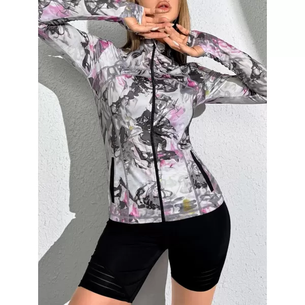 SweatyRocks Women's Floral Print Long Sleeve Zip Up Workout Jacket High Neck Pocket Sport Jacket with Thumbholes