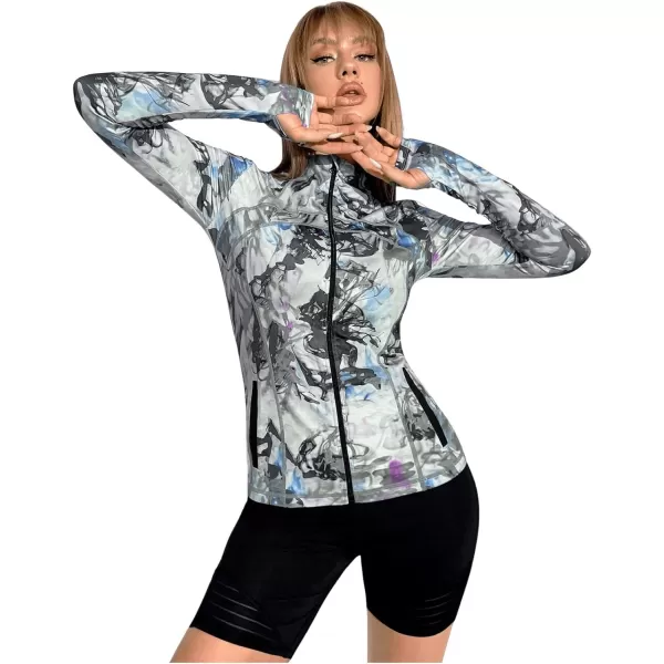 SweatyRocks Women's Floral Print Long Sleeve Zip Up Workout Jacket High Neck Pocket Sport Jacket with Thumbholes