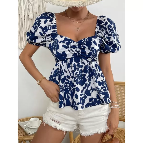 SweatyRocks Women's Floral Print Short Puff Sleeve Peplum Blouse Ruched Sweetheart Neck Shirt Tops