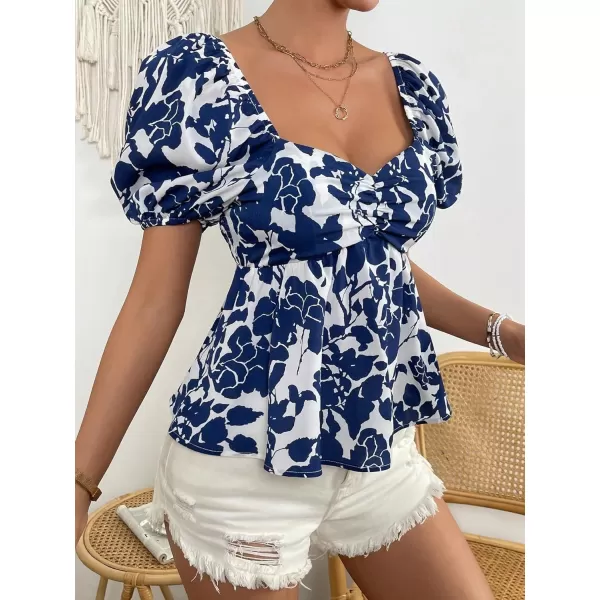 SweatyRocks Women's Floral Print Short Puff Sleeve Peplum Blouse Ruched Sweetheart Neck Shirt Tops