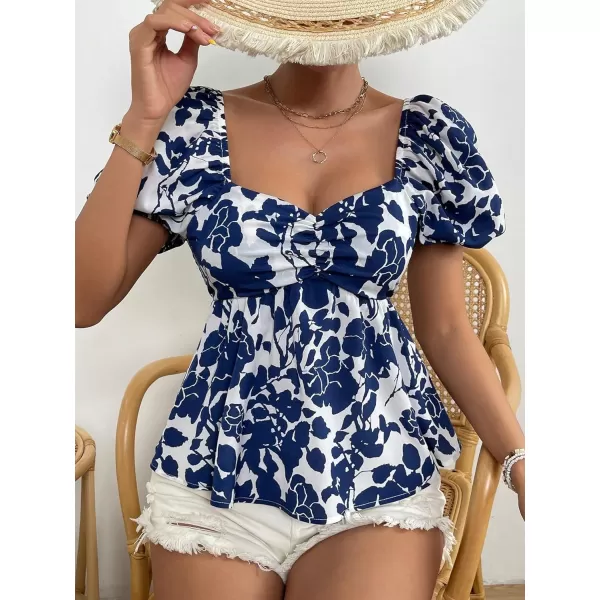 SweatyRocks Women's Floral Print Short Puff Sleeve Peplum Blouse Ruched Sweetheart Neck Shirt Tops