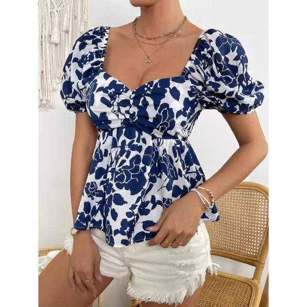 SweatyRocks Women's Floral Print Short Puff Sleeve Peplum Blouse Ruched Sweetheart Neck Shirt Tops