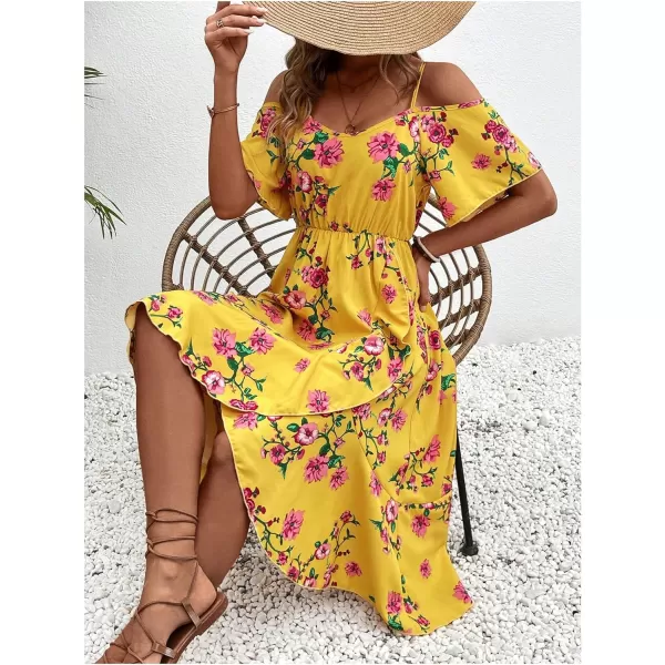 SweatyRocks Women's Floral Print Short Sleeve Cold Shoulder Dress Asymmetrical High Low Ruffle Midi Dresses