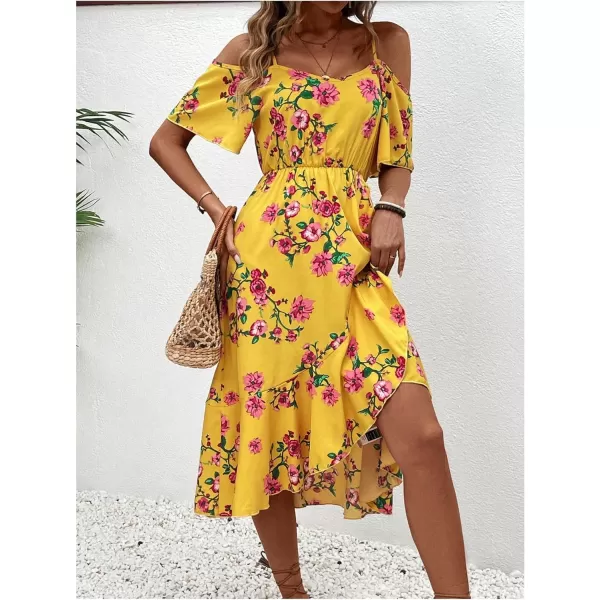 SweatyRocks Women's Floral Print Short Sleeve Cold Shoulder Dress Asymmetrical High Low Ruffle Midi Dresses