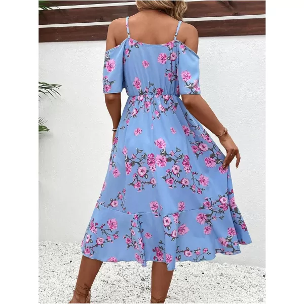 SweatyRocks Women's Floral Print Short Sleeve Cold Shoulder Dress Asymmetrical High Low Ruffle Midi Dresses