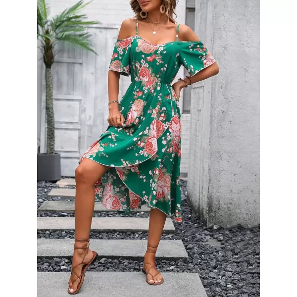 SweatyRocks Women's Floral Print Short Sleeve Cold Shoulder Dress Asymmetrical High Low Ruffle Midi Dresses