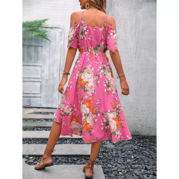 SweatyRocks Women's Floral Print Short Sleeve Cold Shoulder Dress Asymmetrical High Low Ruffle Midi Dresses