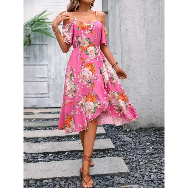 SweatyRocks Women's Floral Print Short Sleeve Cold Shoulder Dress Asymmetrical High Low Ruffle Midi Dresses