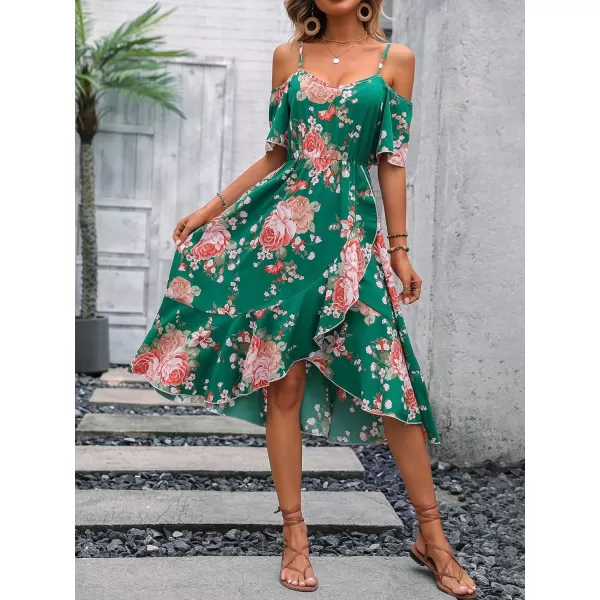 SweatyRocks Women's Floral Print Short Sleeve Cold Shoulder Dress Asymmetrical High Low Ruffle Midi Dresses
