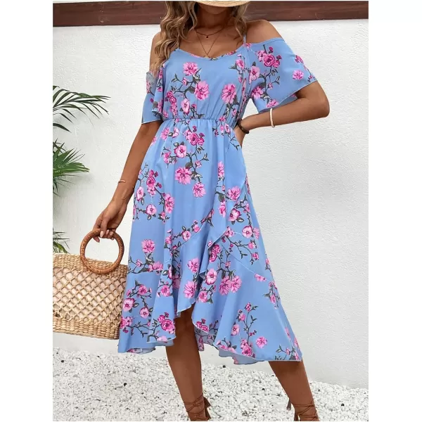 SweatyRocks Women's Floral Print Short Sleeve Cold Shoulder Dress Asymmetrical High Low Ruffle Midi Dresses