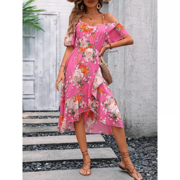 SweatyRocks Women's Floral Print Short Sleeve Cold Shoulder Dress Asymmetrical High Low Ruffle Midi Dresses