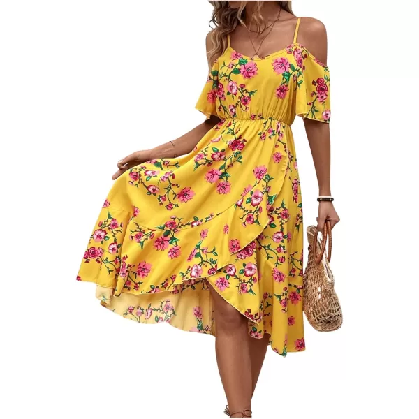 SweatyRocks Women's Floral Print Short Sleeve Cold Shoulder Dress Asymmetrical High Low Ruffle Midi Dresses