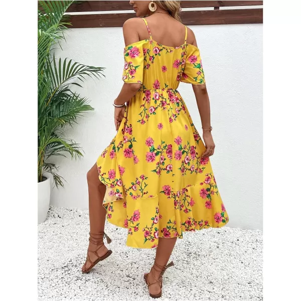 SweatyRocks Women's Floral Print Short Sleeve Cold Shoulder Dress Asymmetrical High Low Ruffle Midi Dresses