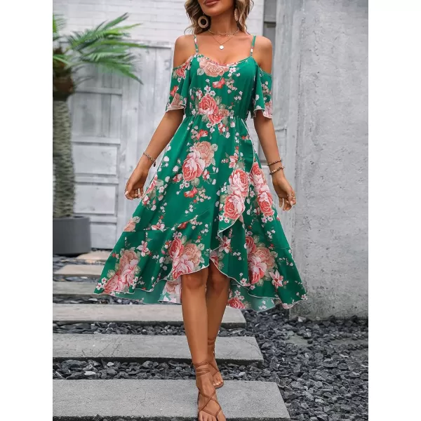 SweatyRocks Women's Floral Print Short Sleeve Cold Shoulder Dress Asymmetrical High Low Ruffle Midi Dresses